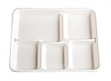 8.5" x 10.5" 5-Compartment Biodegradable Lunch Trays Stalk Market, Sugarcane, Compostable, Natural White