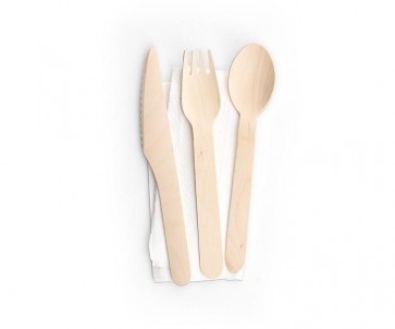 6" Disposable Wooden Cutlery Meal Kit with Napkin