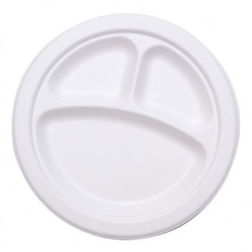 10" 3-Compartment Stalkmarket Biodegradable Plates Sugarcane, Compostable, Natural White