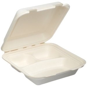 9x9x3"  3-Compartment Biodegradable Hinged Container Sugarcane
