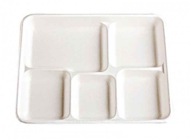 8.5 x 10.5 5-Compartment Biodegradable Lunch Trays, Sugarcane, Compostable