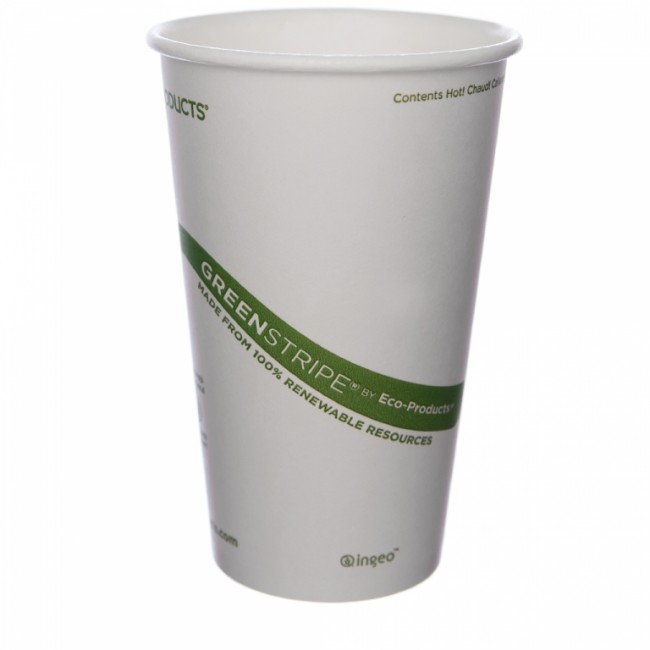 16 oz. EcoProducts Biodegradable Hot Cup with Green Stripe EcoFriendly