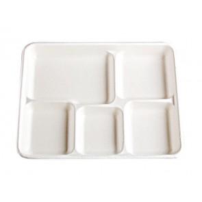8.5" x 10.5" 5-Compartment Biodegradable Lunch Trays Stalk Market, Sugarcane, Compostable, Natural White