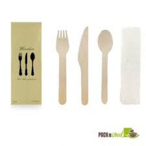 6" Disposable Wooden Cutlery Meal Kit with Napkin