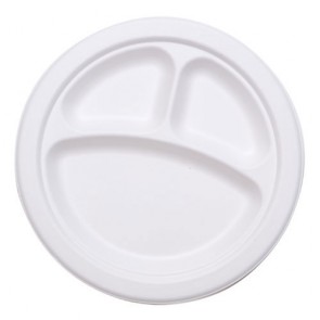 10" 3-Compartment Stalkmarket Biodegradable Plates Sugarcane, Compostable, Natural White