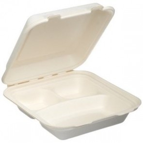9x9x3"  3-Compartment Biodegradable Hinged Container Sugarcane